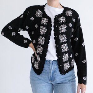 Vintage Maggie Lawrence Black Pink Embroidered Floral Button Cardigan Sweater M